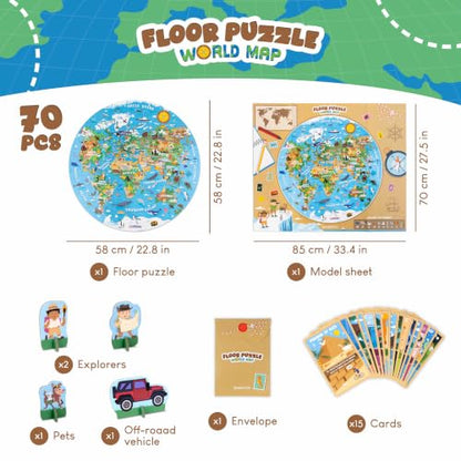 BONNYCO Giant Floor Puzzles for Kids World Map with 70 Large Pieces. Round Globe Puzzle with Animals, 23 x 23 in, 15 Cards, 4 3D Figures, Guide. Learning Gifts, Toys for 4 Year Old Boys