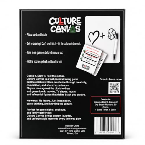CP TIME Culture Canvas Drawing Party Game Celebrating Black Culture, 300+ Cards, 7 Categories, with Whiteboard, Markers, and Sand Timer, for Ages 8 and up