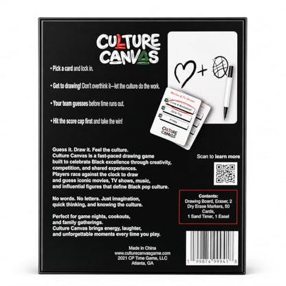 CP TIME Culture Canvas Drawing Party Game Celebrating Black Culture, 300+ Cards, 7 Categories, with Whiteboard, Markers, and Sand Timer, for Ages 8 and up