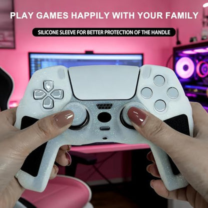 White Glitter Anti Slip Soft Thicked Studded Silicone Cover Skins Compatible with PS5 Controller,Include 8 PCS White Glitter Thumb Grips Glow and 2 Cat Paw Grips Accessories. - color: White Black