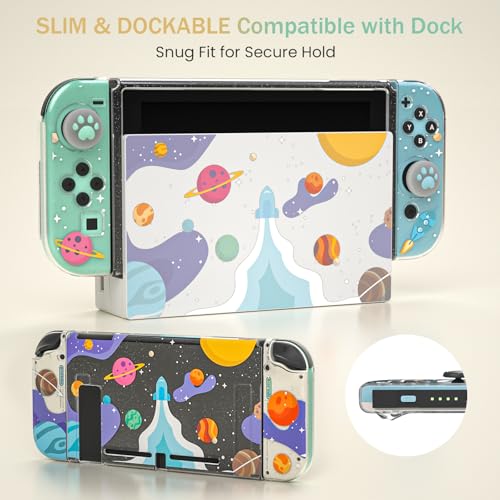Clear Case for Nintendo Switch 2017, Screen Protector, Thumb Grips, Rocket | Nintendo Switch 2017 case with soft TPU shell, 2 thumb grips and clear glitter design for everyday scratch protection - color: Rocket