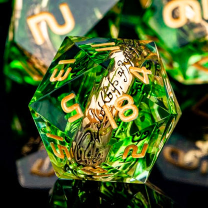 Magic Golden Ring DND Dice with Box, Green Sharp Edge Handmade D and D Polyhedral Dice for use with D&D Tabletop Games RPG, Lord Resin Dice D20 D12 D10 D8 D6 D4 - color: Ring - Green-1