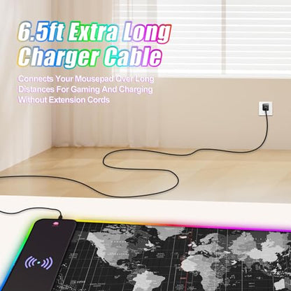 ToLuLu Wireless Charging RGB Gaming Mouse Pad, 15W Mouse Mat w/ 30W Charger | 14 Light Modes LED Large Mousepad with Wrist Support, Non-Slip Rubber Base Desk Mat Computer PC Keyboard Pad World Map - color: World Map