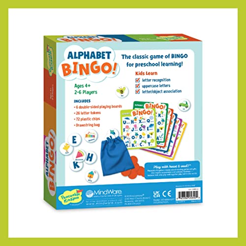 Peaceable Kingdom Alphabet Bingo! Letter Learning Educational Board Game for 2 to 6 Kids Ages 4+ | Teach letters and sounds with a bingo twist—6 boards, 26 letter tokens and 72 chips. Educational fun for ages 4+
