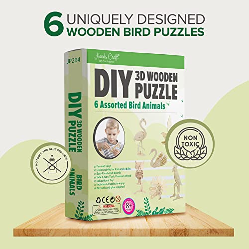 Hands Craft DIY 3D Wooden Puzzle – 6 Assorted Bird Animals Bundle Pack Set Brain Teaser Puzzles Educational STEM Toy Adults and Kids to Build Safe and Non-Toxic Easy Punch Out Premium Wood JP2B4 - color: Bird Animals