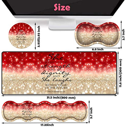 Large Gaming Mouse Pad, Keyboard Wrist Rest + Mouse Wrist Pad + Coaster Combination Set, Memory Sponge Non-Slip Base. Suitable for Office and Home, Red Glitter Quote Proverbs 31-25 - color: Fok-fo1-mouse -022