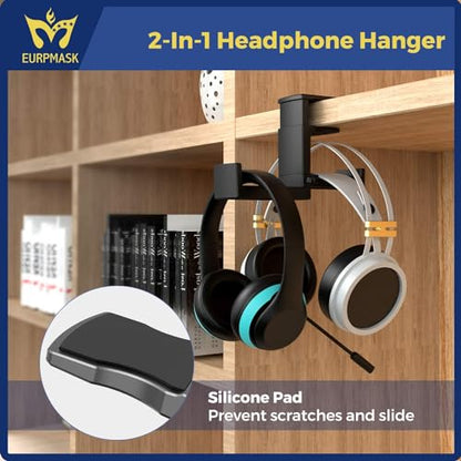 Dual Headphone Stand Holder - EURPMASK 2 in 1 PC Gaming Headset Hooks, 360 Degree Rotating Headphone Hanger with Adjustable Clamp & Cable Clip Organizer, Headset Mount Under Desk Earphone Clamp-Black - color: Black