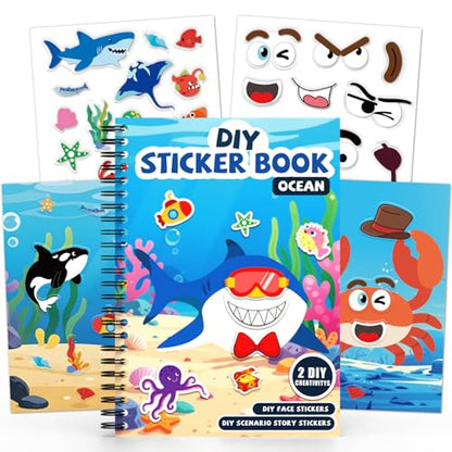 Ocean Reusable Sticker Book for Toddlers, DIY Make-a-face Jelly Stickers | Make A Face & Scene Decoration Play, Washable and Reusable Jelly Stickers, Portable Travel Friendly, Airplane Trip Essentials - style: Ocean