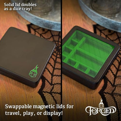 Forged Dice Co. RPG Character Shrine Display Case for Dice and DND Miniatures - Includes Travel Dice Tray and Display Lid - Compatible with Dungeons and Dragons Dice and Miniatures - Green - color: Green
