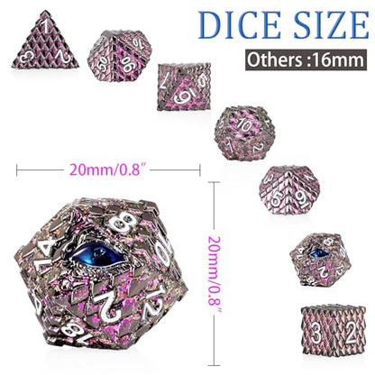 Metal Dice Set D&D,7 PCS Dragon Scale Metallic DND Dice Set,Dragon Eye Metal Dice with Grogeous Gift Case for Dungeons and Dragon Tabletop Game (Glitter Purple Dragon Scale & Blue Eye) - color: Glitter Purple Dragon Scale & Blue Eye