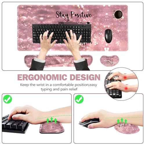 ToLuLu Extended Gaming Mouse Pad, Memory Foam Ergonomic Keyboard Mouse Wrist Rest Support Set, Large Desk Mat with Stitched Edges, Non-Slip Base Mousepad for Home Office Game, Pink Stay Positive - color: Pink Stay Positive
