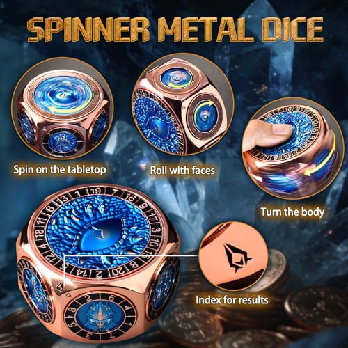 ZHOORQI 8-in-1 DND Dice Set – Metal Spinner Dice with Dual D20, 3D Monster Engravings & Smooth Spinning – Perfect for TTRPG, D and D Dungeons and Dragons Gifts(Copper Blue) - color: Copper Blue