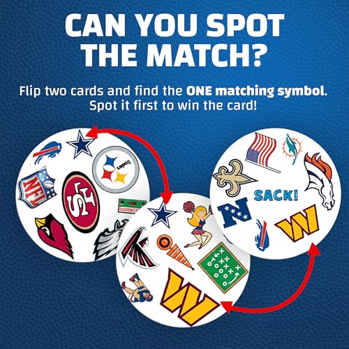 Spot It! NFL Edition Card Game – Fast-Paced Matching Game Featuring Official NFL Team Logos & Football Symbols – 55 Cards with 5 Mini Games – Family Party & Travel Game for Kids & Adults - style: League