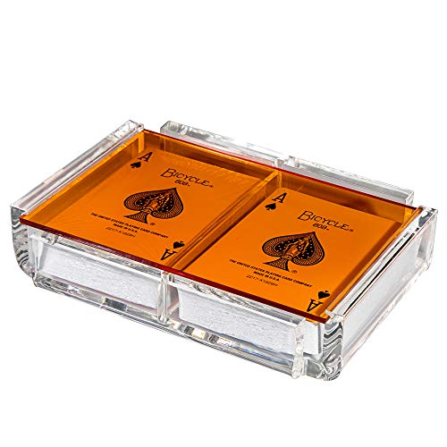 Modern Elegant Playing Card Deck Holder Tray with 2 Decks of Playing Cards in Unique Stylish Deluxe Acrylic Box with Color lid (Orange) - color: Orange