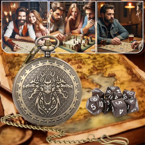 DND Dice Set, 7pcs Small Acrylic Dice with Pocket Watch Case, DND Starter Set, Polyhedral Dice for RPG, Shadowrun, TCG, D&D Accessories, Gifts for Men Women, 3 Head Dragon Design, Brown Dice - color: 3 Dragon Head a