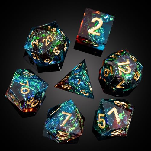 7PCS DND Dice Set,Handmade Sharp Edge Dice Set D&D RPG Polyhedral Die,for Dungeons and Dragons TTRPG Games Roleplaying Games Pathfinder,with Gift Box(Blue with Brown) - color: Starry Sky(blue With Brown)