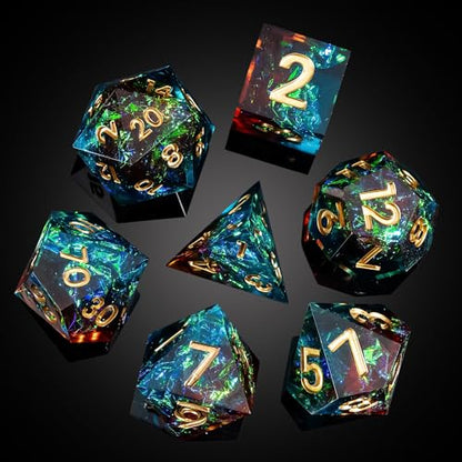 7PCS DND Dice Set,Handmade Sharp Edge Dice Set D&D RPG Polyhedral Die,for Dungeons and Dragons TTRPG Games Roleplaying Games Pathfinder,with Gift Box(Blue with Brown) - color: Starry Sky(blue With Brown)