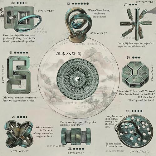Bagua Metal Puzzles Set with Feng Shui Compass, 8+1 Alloy Brain Teasers, Traditional Chinese Intellectual Puzzle Toys for Adults, Stress Relief Fidget Desk Toy & Gift for Puzzle Lovers - color: Bagua