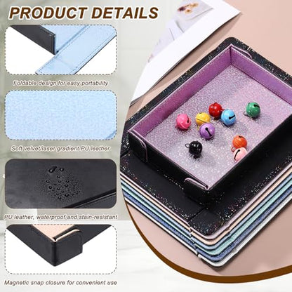 uxcell PU Leather Dice Tray, Rectangle Magnetic Folding Velvet Portable Folding Dice Rolling Tray for Table Games Keys Wallet Watch Coin, Glitter Sky Blue
