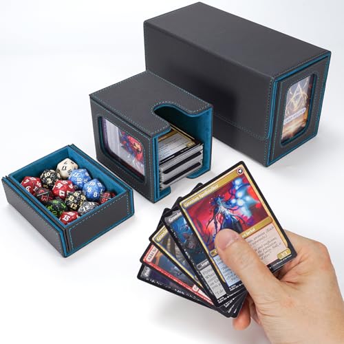 AFIING MTG Commander Card Storage Box - Fits 200 Double Sleeved Cards,3-in-1Card Deck Case,Strong Magnet Card Organizer For Magic Commander TCG CCG,4Dividers &2 Toploaders, Black/Cyan - color: Black Cyan