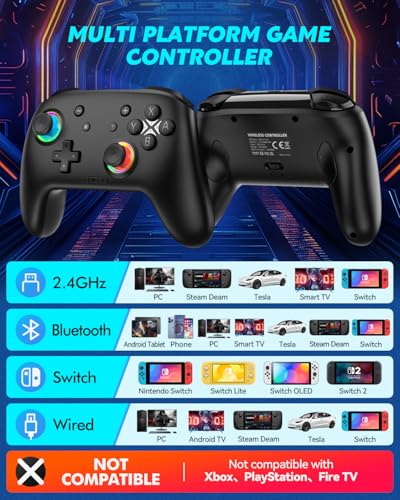 Switch Controller, Wireless Bluetooth Controller for Nintendo Switch 2/Switch/Lite/OLED, game controllers Compatible with iPhone/Mac/iPad/iOS/Android/Phone/PC/Steam and TV with Rotary Motors, RGB Hall Effect Joysticks/Macro Back Buttons/Turbo Modes/6-Axis