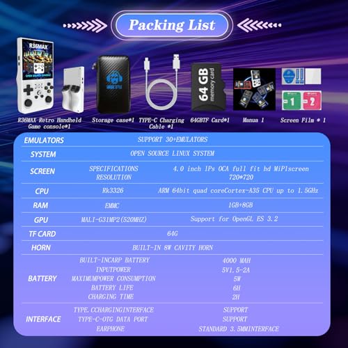R36MAX 4000mAh Portable Rechargeable Handheld Retro Game Console,Handheld Retro Game Console with 64G TF Car,4.0-inch Screen,Feminine+Masculine Colors Easy Install for Travelers,White - color: Snow White