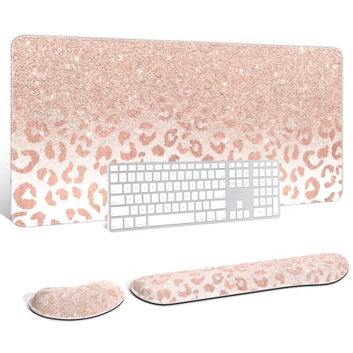 Auhoahsil Large Mouse Pad with Wrist Rests for Keyboard & Mouse, Thick Soft Ergonomic Memory Foam Wrist Supports, Big & Long Desk Mat 35.5 x 15.7 in, for Office Gaming Computer, Pink Gold Leopard - color: Pink Gold Leopard