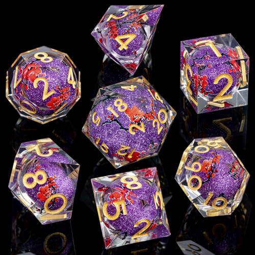 ARUOHHA DND Resin Dice Plum Blossom Liquid Core Purple Sharp Edged Polyhedral Dragons Dice Set with Gift Box, Dungeons D and D Dice Role Playing Game D20 D12 D10 D8 D6 D4 - color: Flower&golden Purple
