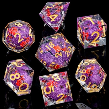 ARUOHHA DND Resin Dice Plum Blossom Liquid Core Purple Sharp Edged Polyhedral Dragons Dice Set with Gift Box, Dungeons D and D Dice Role Playing Game D20 D12 D10 D8 D6 D4 - color: Flower&golden Purple