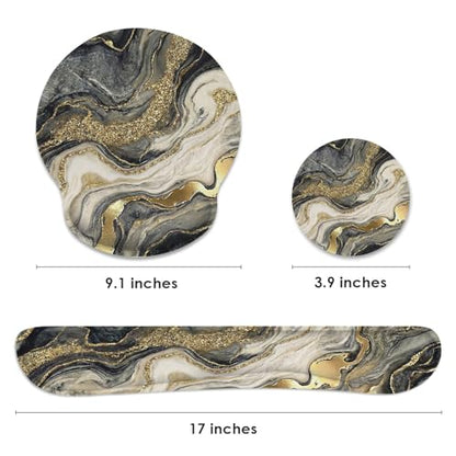 Ergonomic Mouse Pad Set with Wrist Rest, Black Gold Marble | Abstract Non-Slip Rubber Base Wrist Cushion Support and Coasters Mousepad with Wrist Support for Computer Keyboard - color: Black Gold Glitter Marble