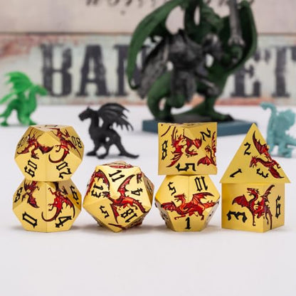 Metal DND Dragon Dice Set,D&D Polyhedral Dice with Dragon for Dungeons and Dragons RPG TTRPG D and D 7-Die Set with Gift Case - color: Dragon-pearl Gold Transparent Red