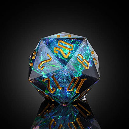 Cusdie Single D20 DND Dice with Sharp Edges and Glitter Foil Inclusions, 20 Sided D&D Dice, 33mm Handcrafted, for Role Playing Game (Black/T) - color: Black Transparent