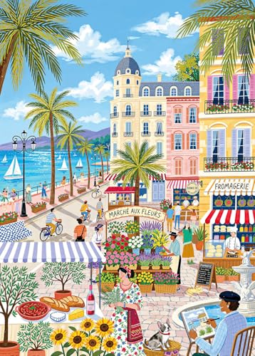 1000 Piece Jigsaw Puzzle - French Riviera Flower Market | Colorful Mediterranean Coastal Town 1000 Piece Puzzles for Adults & Home Decor - color: Seaside Flower Market