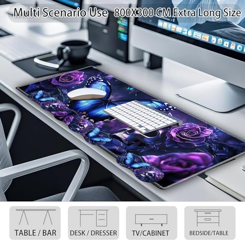 Large Gaming Mouse Pad Set with Wrist Support – 31.5" x 11.8" 4-in-1 XXL Mousepad with Keyboard Wrist Rest, Mouse Wrist Rest & Coaster – Ergonomic Desk Mat for Office, Home – Blue Butterfly Skull - color: Blue Butterfly Skull
