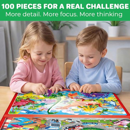 QUOKKA Magnetic Puzzles for Kids Ages 4-6 – 100 PCS Magnetic Puzzle Book for Toddlers 3-5 – 2 Puzzles & 2 Spot The Difference Maps – Search & Find Travel Games – Activity Book Dinos & City Cars - color: Dino 100pcs