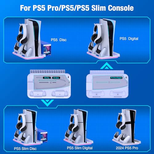 PS5/Slim/Pro Stand and Cooling Station with Controller Charging Station for Digital/Disc, PS5 Accessories Incl. 3 Levels Cooling Fan, LED Light, 15 Game Storage, Headset Holder for Playsation 5 White