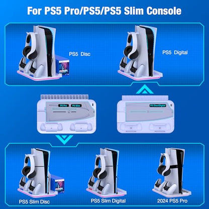 PS5/Slim/Pro Stand and Cooling Station with Controller Charging Station for Digital/Disc, PS5 Accessories Incl. 3 Levels Cooling Fan, LED Light, 15 Game Storage, Headset Holder for Playsation 5 White