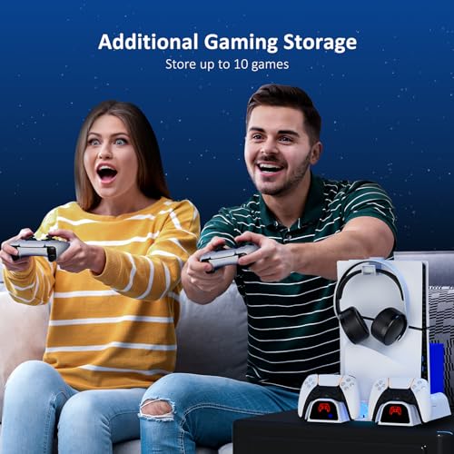 NexiGo PS5 / PS5 Slim Stand, Silent Cooling, Dual Controllers Charger for Playstation 5 Console, 3 Level Adjustable Fan Speed, PS5 / PS5 Slim Accessories, Headset and Remote Holder, White