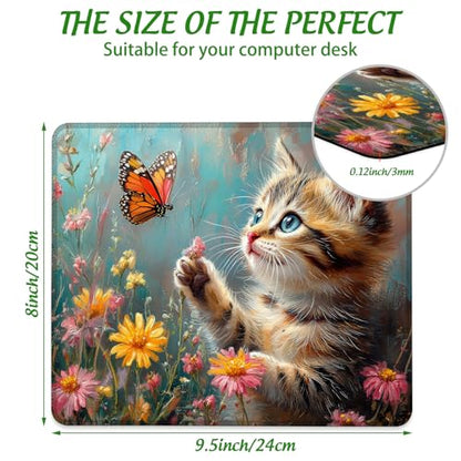 Cat Flowers Butterfly Mouse Pad Square Mouse Pads with Stitched Edge, Computer Mousepad with Non-Slip Rubber Base for Computer Laptop Office Desk Accessories 9.5x8 Inches - color: Cat Flowers Butterfly
