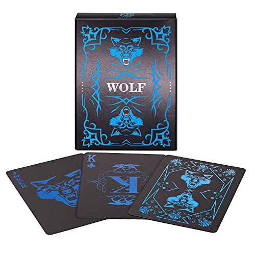 WJPC PVC Waterproof Playing Cards, Cool Black Plastic Poker Cards,Deck of Cards for Game and Party.(Wolf) - color: Blue