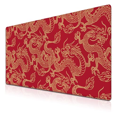 Keyboard Pad Red, Gaming Mousepad Desk Pad Big Mouse Pads Desk Decor for Men, 900X400 Mouse Pad Waterproof Non-Slip Rubber Base, 35.4 X 15.7 inch for Work/Game/Office/Home Chinese Dragon - color: Chinese Dragon