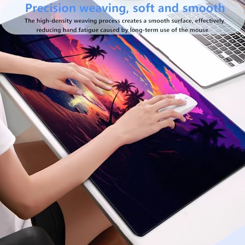 Beach Sunset Desk Mat, Synthwave XXL Large Gaming Mouse Pad | Aesthetic tropical neon desk pad with comfortable 3mm cushion, smooth fabric top, and non-slip natural rubber base. - color: Sunset Beach