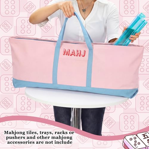 Mahjong Bag for Tiles and Racks Empty American Mahjong Tiles Carrying Tote 31.5 x 12 x 4 Inch Canvas Tile Game Accessory Gift for Pusher Rack Mat Carrying, Case Only (Pink and Blue) - color: Pink and Blue