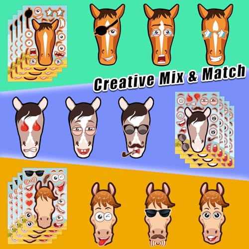 48 Sheets Create Funny Ponies Stickers, Make a Face Stickers for Boys and Girls, Travel Sticker Books, Party Favors, Birthday, Home, School and Activities Gifts for Kids Ages 3+ - style: Horse Head