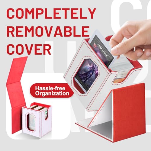 Trading Card Storage Box with Commander Display for MTG, TCG, Sports Cards, 5-in-1 Card Deck Box, Holds 450+ Double-Sleeved Cards, 4 Individual Deck Cases with Covers, Dice Tray & Magnetic Holders - color: White & Red