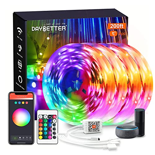 DAYBETTER Smart WiFi Led Lights, Tuya App Controlled, Compatible with Alexa and Google Assistant, Timer Schedule, RGB Strip Color Changing Décor for Bedroom Party Kitchen, 200ft - size: 200FT
