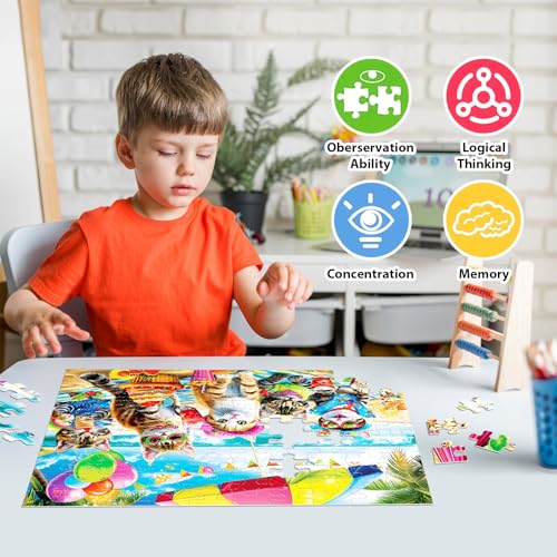 Puzzles for Kids Ages 4-8 6-8 8-10 Year Old and Seniors - Funny Cats Puzzle Beach Kitten Jigsaw Puzzles, 100 Piece Puzzle for Toddler Children Learning Educational Puzzles Toys for Boys and Girls - size: Cats Puzzles