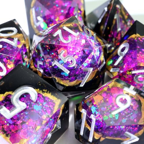 XENOLUX Polyhedral RPG Dice, Resin DND Dice Set for Dungeons and Dragons, Handmade Purple Geode Board Games Accessories with Holographic Foil and Tin Case (G1) - color: G1