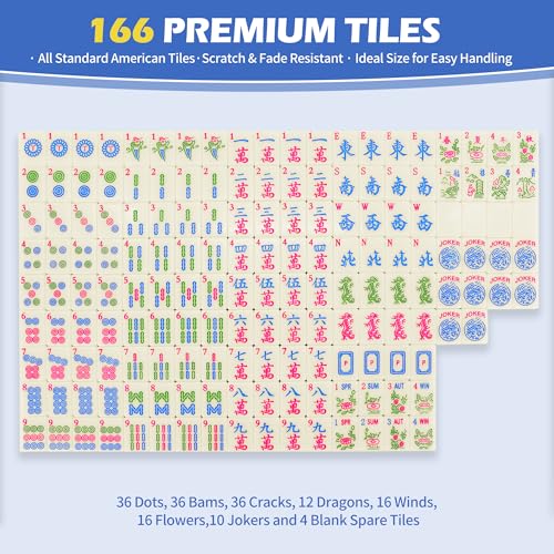 Jolitac American Mahjong Game Set, 166 Premium Tiles, Mahjong Tile Set with Sturdy Carrying Bag, Include Chips & Dice – Portable Travel Complete Mahjong Set for Adults & Beginners - color: Blue