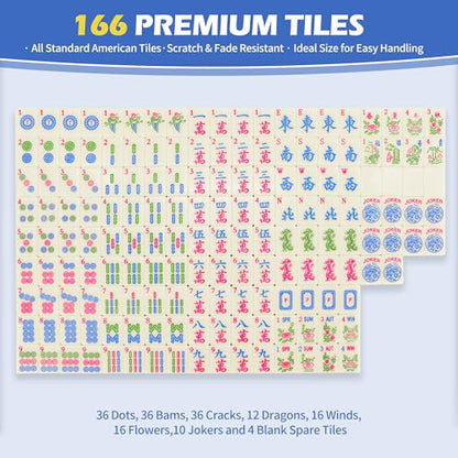 Jolitac American Mahjong Game Set, 166 Premium Tiles, Mahjong Tile Set with Sturdy Carrying Bag, Include Chips & Dice – Portable Travel Complete Mahjong Set for Adults & Beginners - color: Blue